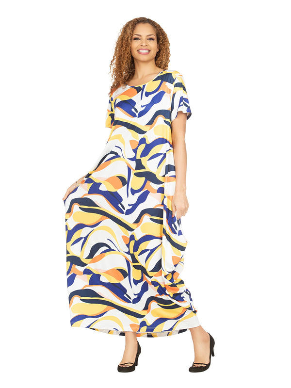 Short Slv Jersey Knit Abstract Print Maxi Dress