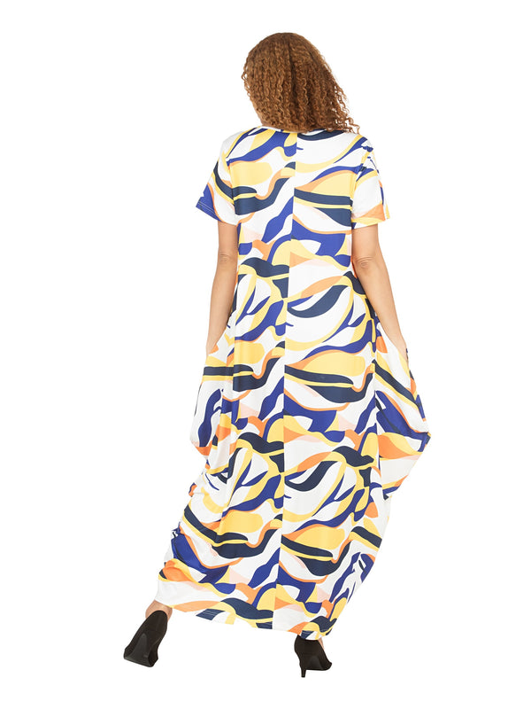 Short Slv Jersey Knit Abstract Print Maxi Dress