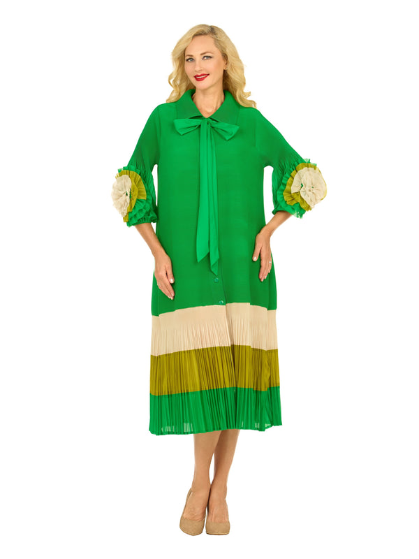 Notch Collar Color Block Shirt Dress in Pleats