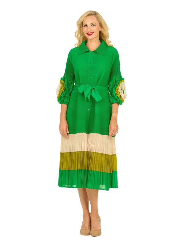 Notch Collar Color Block Shirt Dress in Pleats