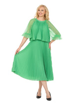 Pleated Chiffon Midi Dress w/ Shimmer Mesh Sleeves