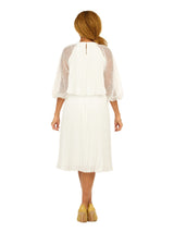 Pleated Chiffon Midi Dress w/ Shimmer Mesh Sleeves