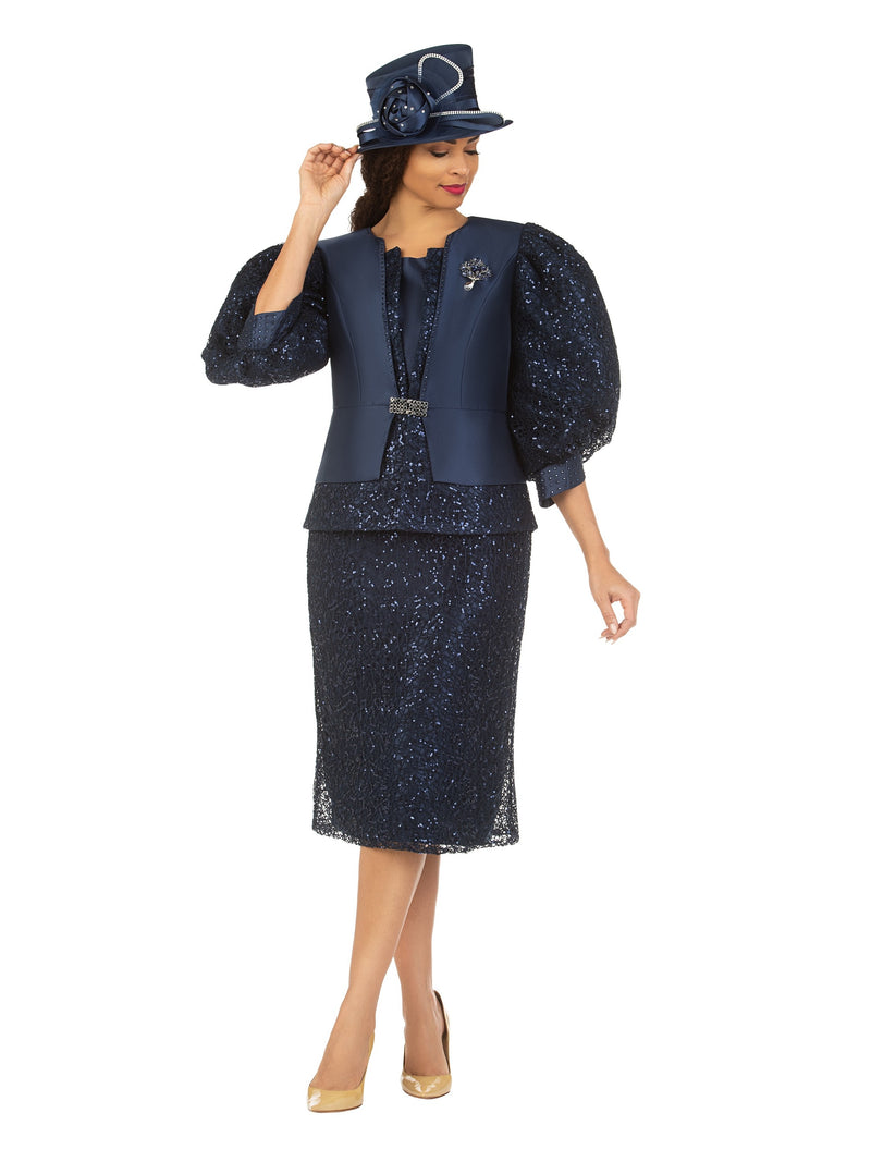 3pc Puff Slv Lace Combo Skirt Suit w/ Brooch