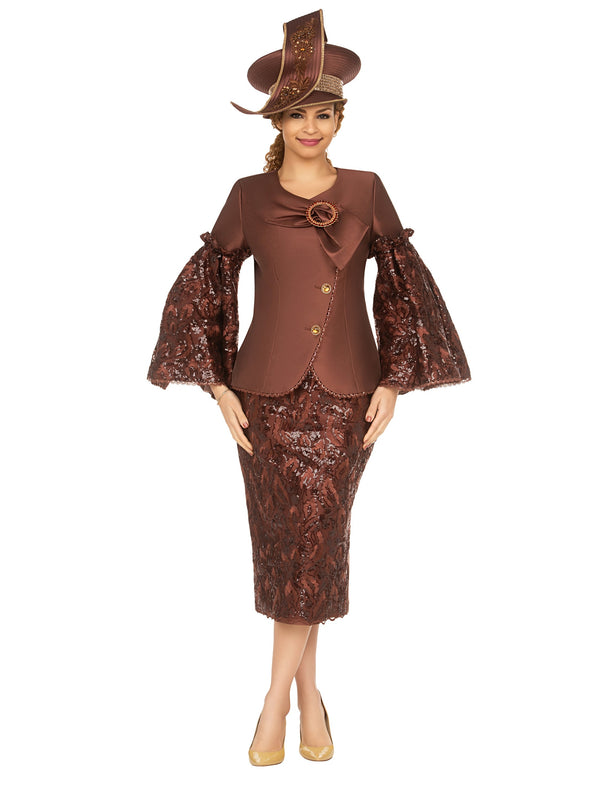 2pc Bell Slv Sequined Lace&Silky Twill Skirt Suit