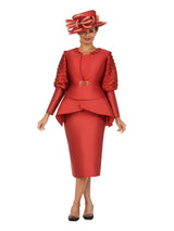 3pc Skirt Suit w/ Puff Sleeves&Sculpted Peplum Jkt