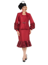 Cranberry Silky Twill Sequin-Fringe 3pc Skirt Suit
