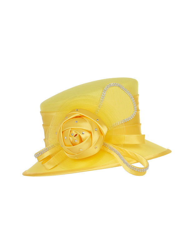 Silky Twill Small Brim Hat w/ Rose and Rhinestone