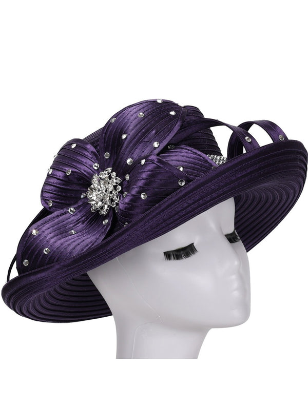 Rhinestone Med Brim Ribbon Hat w/ Flower