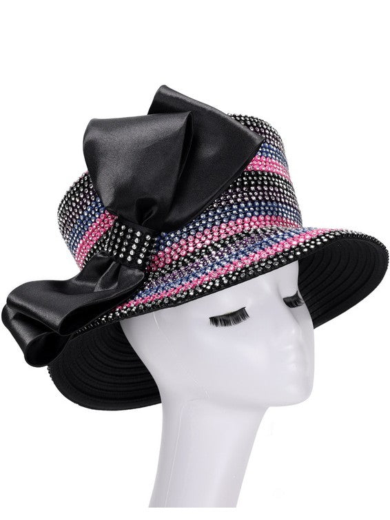 Small Brim Stoned Multi-Color Rbn Hat w/ Blk Bow