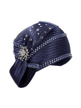 Round Ribbon Hat w/ Brooch and Rhinestoned Strip
