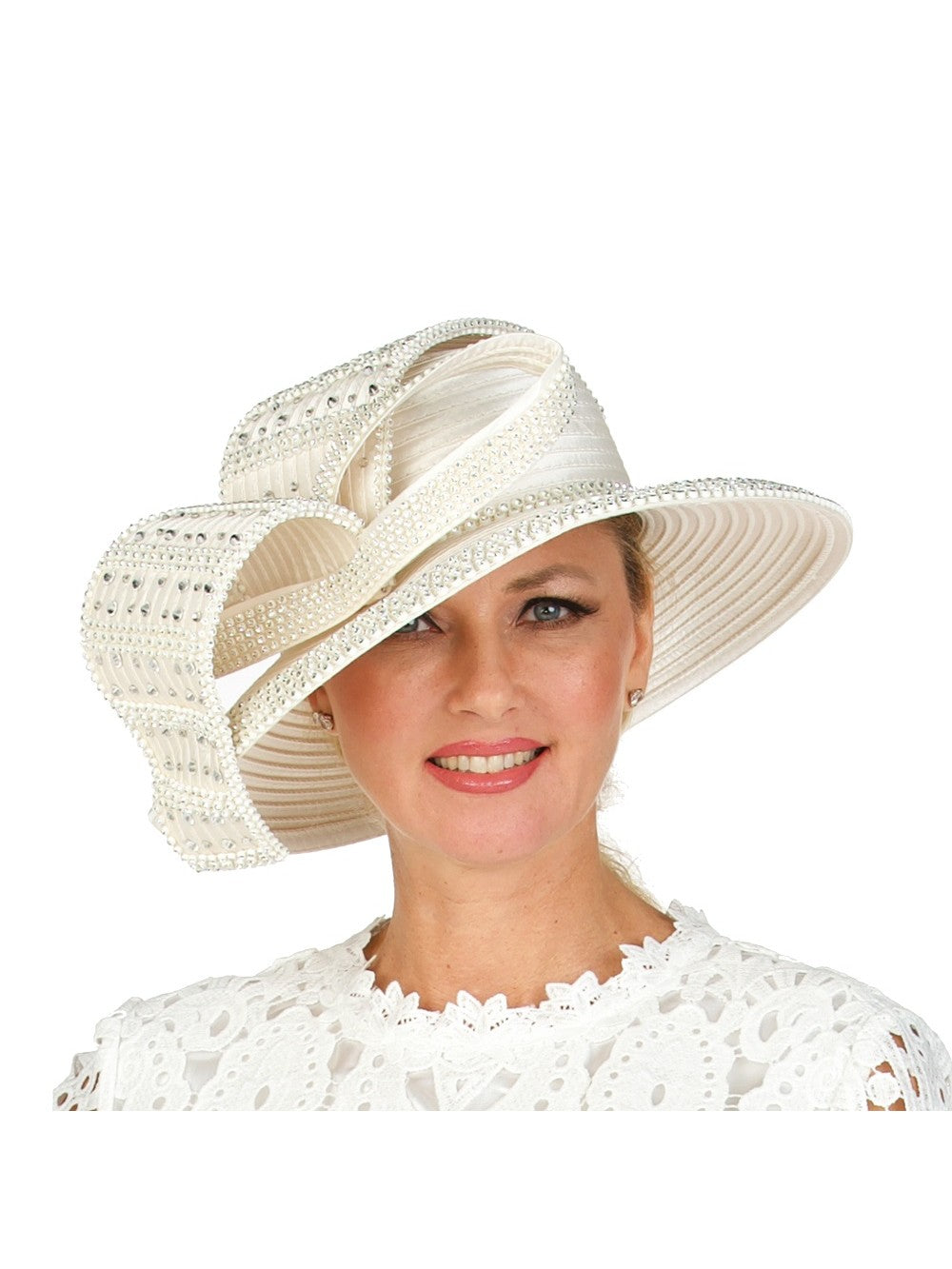 NEW Giovanna Hat Derby Bridal White Rhinestone Wide Brim Hat w/ Rhinestone Decor – Giovanna Apparel main image 4