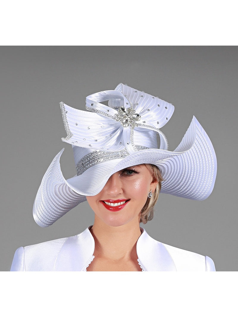 Large Wavy Brim Ribbon Hat w/ Stones