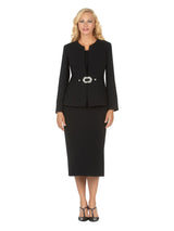 3pc Collarless Rhinestone Buckle Skirt Suit - Plus