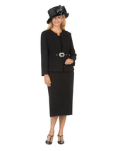 3pc Collarless Rhinestone Buckle Skirt Suit