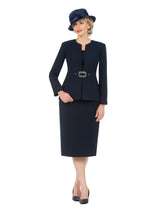 3pc Collarless Rhinestone Buckle Skirt Suit