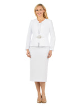 3pc Collarless Rhinestone Buckle Skirt Suit