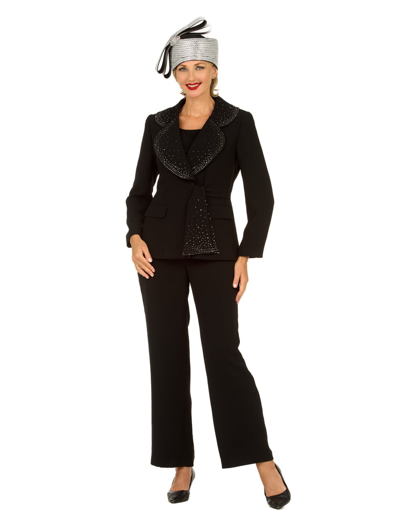 3pc Wide Collar Pants Suit with Rhinestone Detail