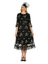 1pc Elbow Length Slv Black/White Lace Dress - Plus