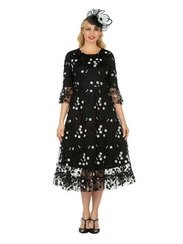 1pc Elbow Length Slv Black/White Lace Dress