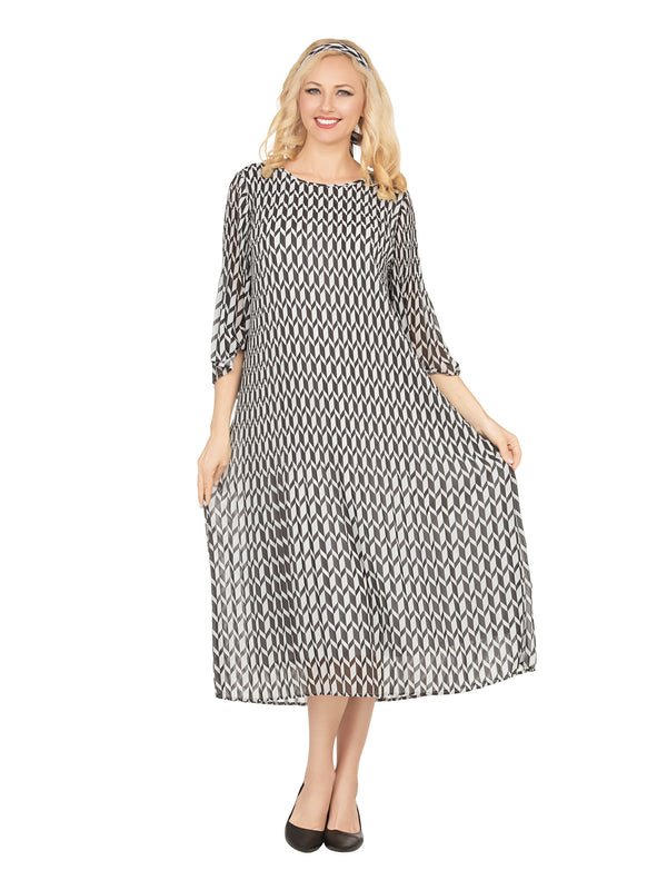 Art Deco Print Pleated Dress in Chiffon