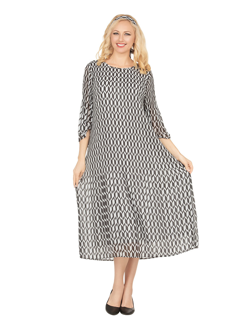 Art Deco Print Pleated Dress in Chiffon