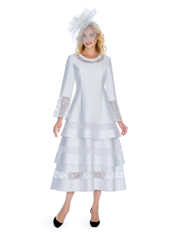1pc Bell Sleeve 3-Tier Dress w/ Sheer Lace Trim