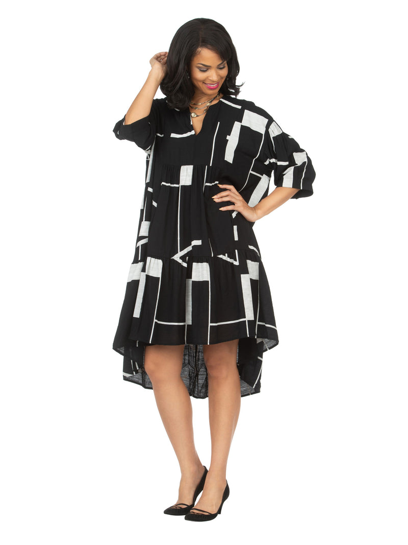 Drop Shoulder Tiered 3/4 Slv Geometric Print Dress