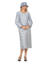 2pc Silky Twill Collarless Jkt + Lace Skirt Suit