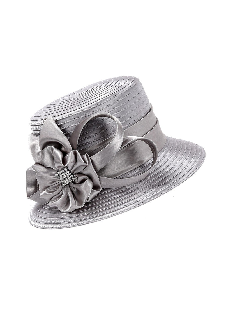 Small Brim Ribbon Hat w/ Stoned Satin Flower